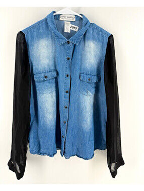 Gypsy Warrior Women’s M Blue/Black Denim Button-Up Shirt Long Sleeve Pockets